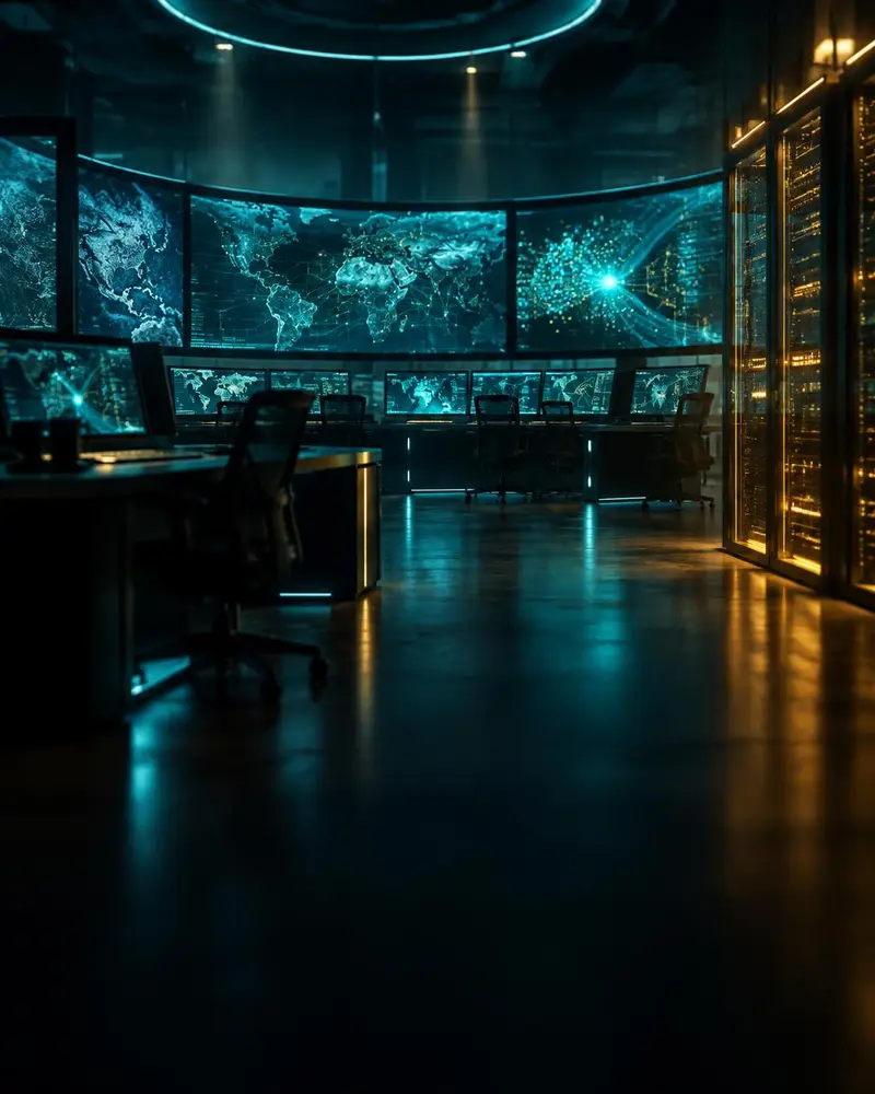 Secure operations center with curved screens showing abstract world maps and server racks