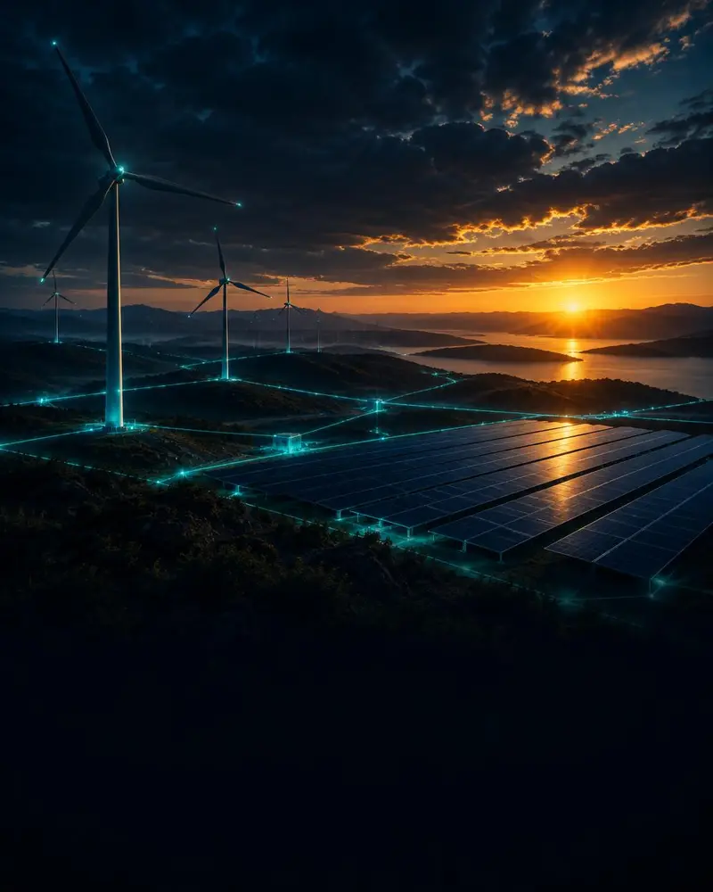 Wind turbines and a solar field at dusk joined by glowing grid lines