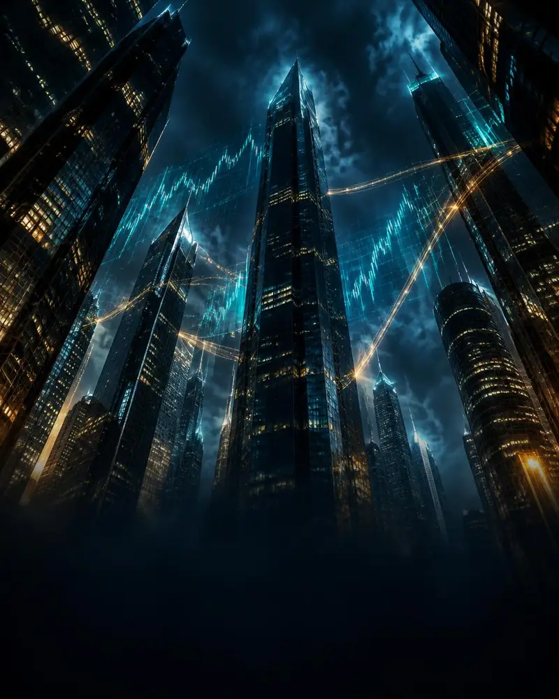 Glass skyscrapers at night with teal market lines and gold light trails
