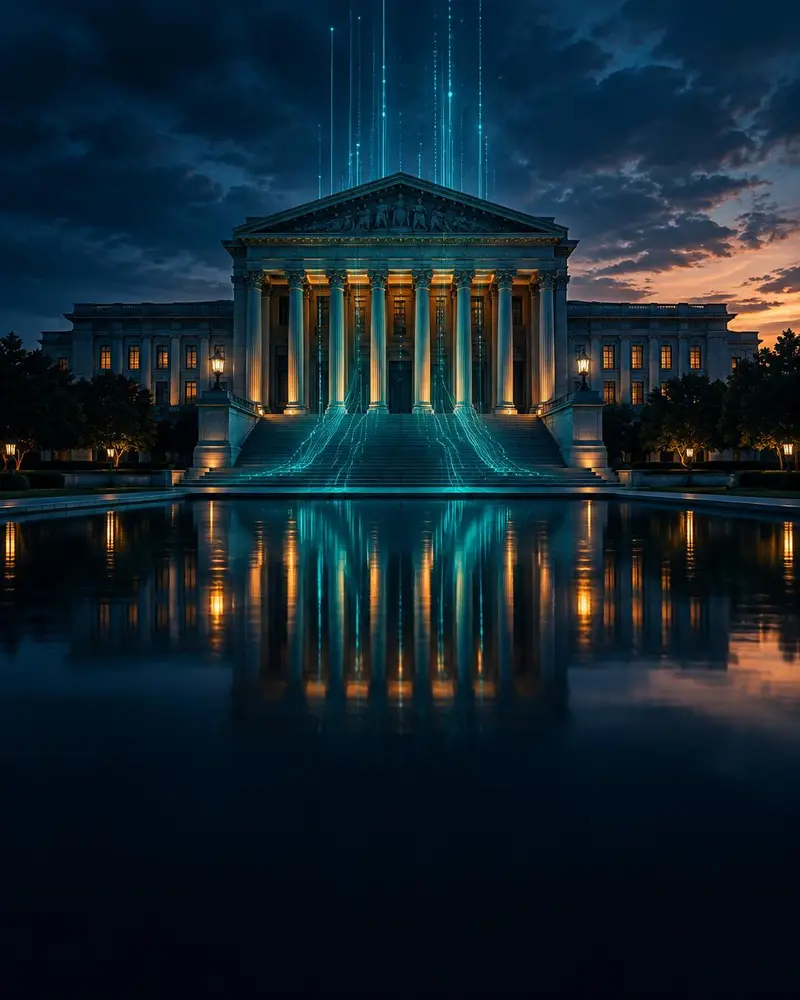 Neoclassical government building at blue hour with teal data lines rising from its steps