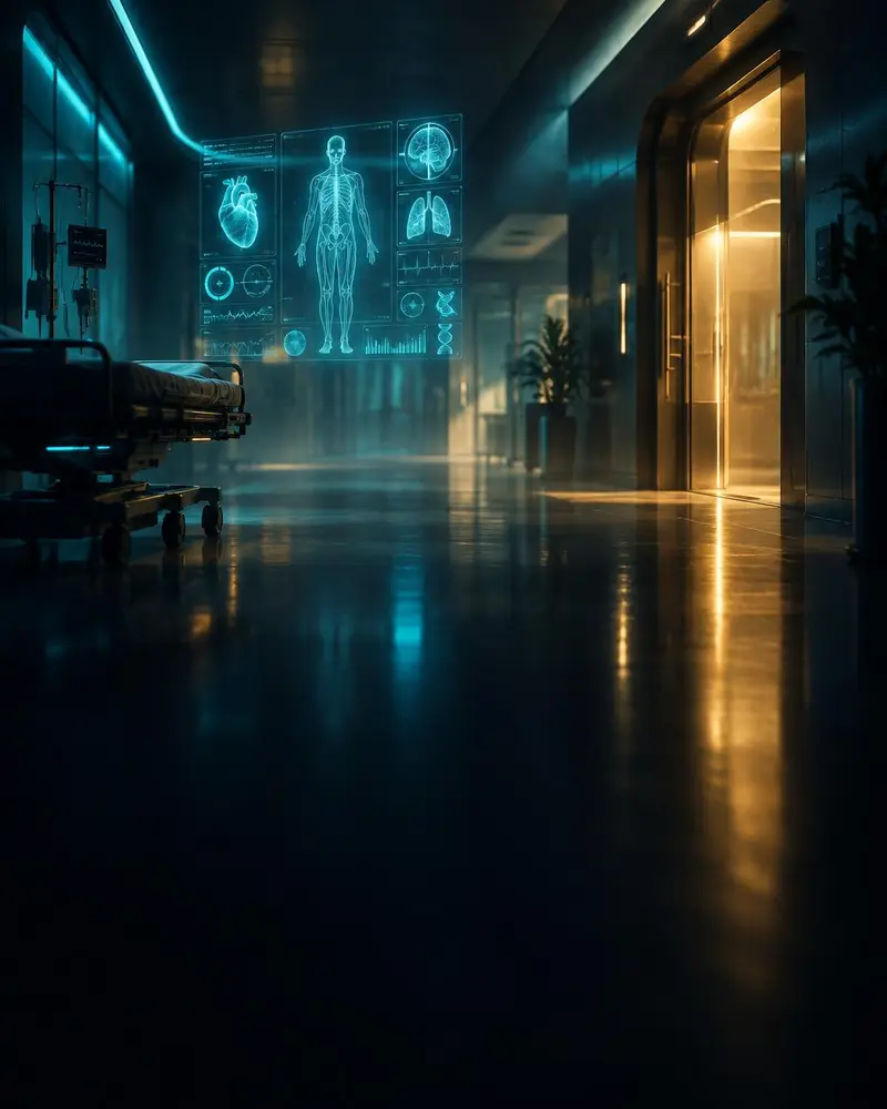 Futuristic hospital corridor with a holographic medical data display