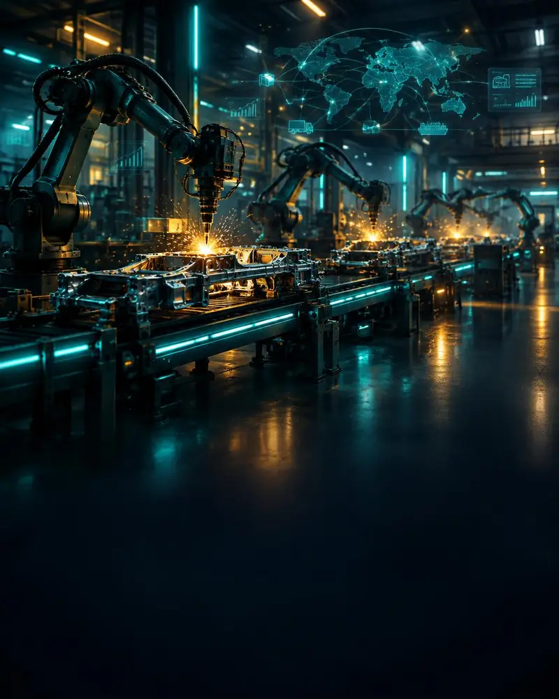 Automated factory line with robotic arms, teal light strips and sparks